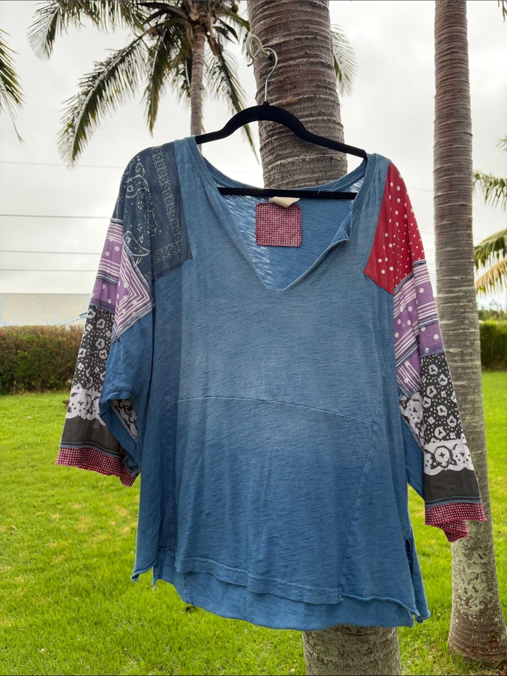 We The Free Oversized Washed Blue Tunic with Red and Purple Patchwork Sleeves
